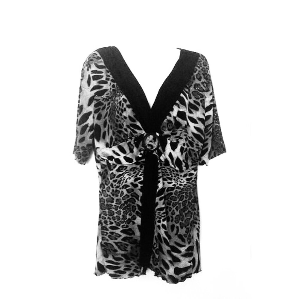 New Directions Top Black Leopard Animal Print Sparkle Stretch Babydoll  EUC Sz M